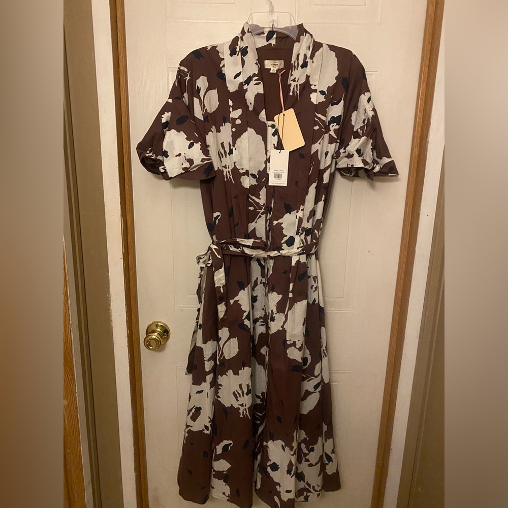 entro Avara  Brown and White Floral Tie-Waist Midi Dress